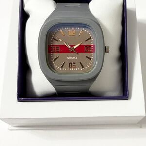 Grey Silicone Quartz Jelly Watch With Red Stripe & Rose Gold Accent
